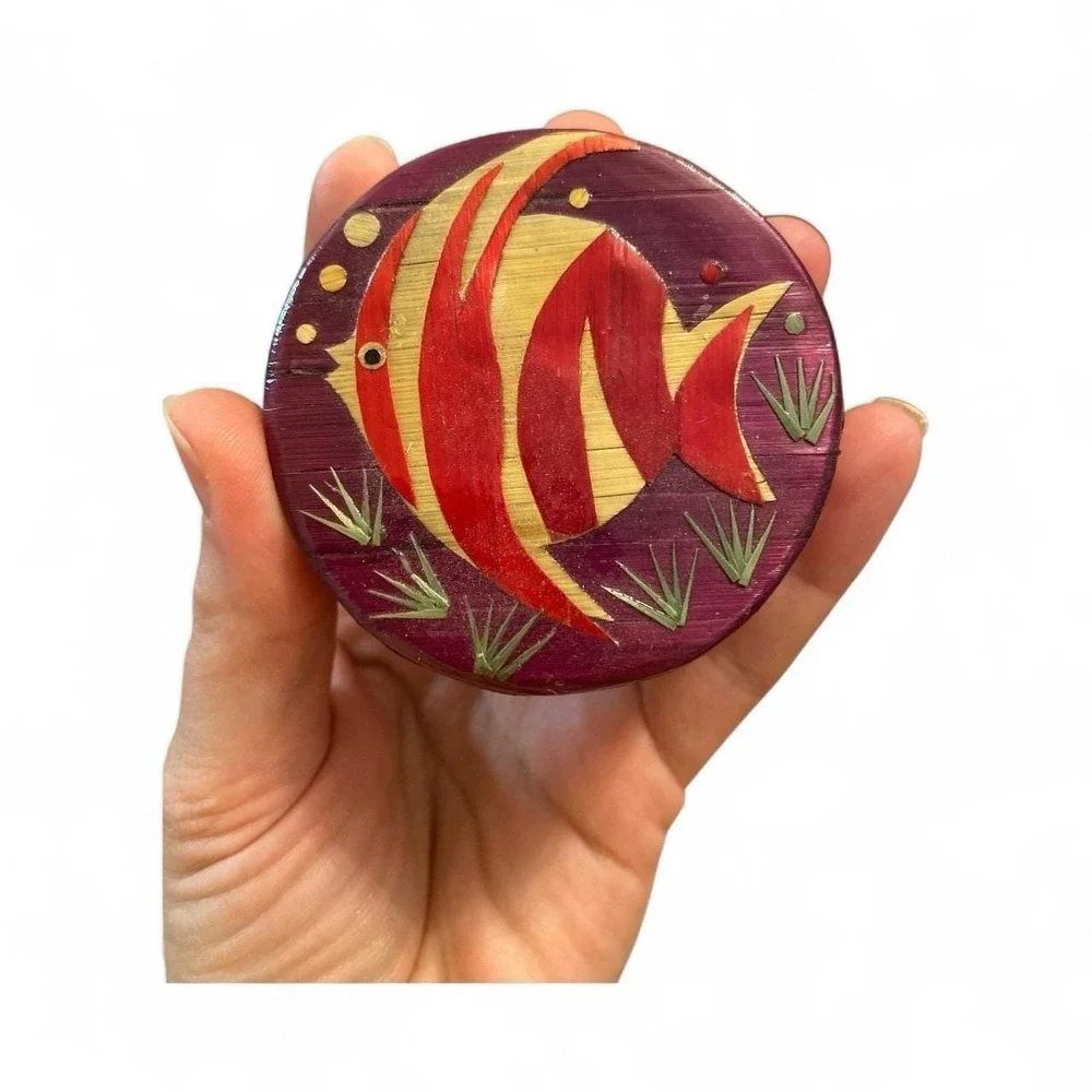 Vintage Nesting Trinket Boxes Set of 3 Tropical Fish Straw Woven